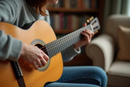 Jeune femme aux petites mains jouant l'accord B7 sur une guitare acoustique, doigts bien positionnés sur le manche