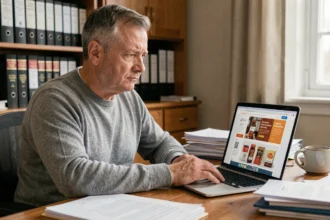 Homme d'âge mûr vérifiant la légalité d'achat de cartouches de cigarettes en ligne sur un ordinateur portable