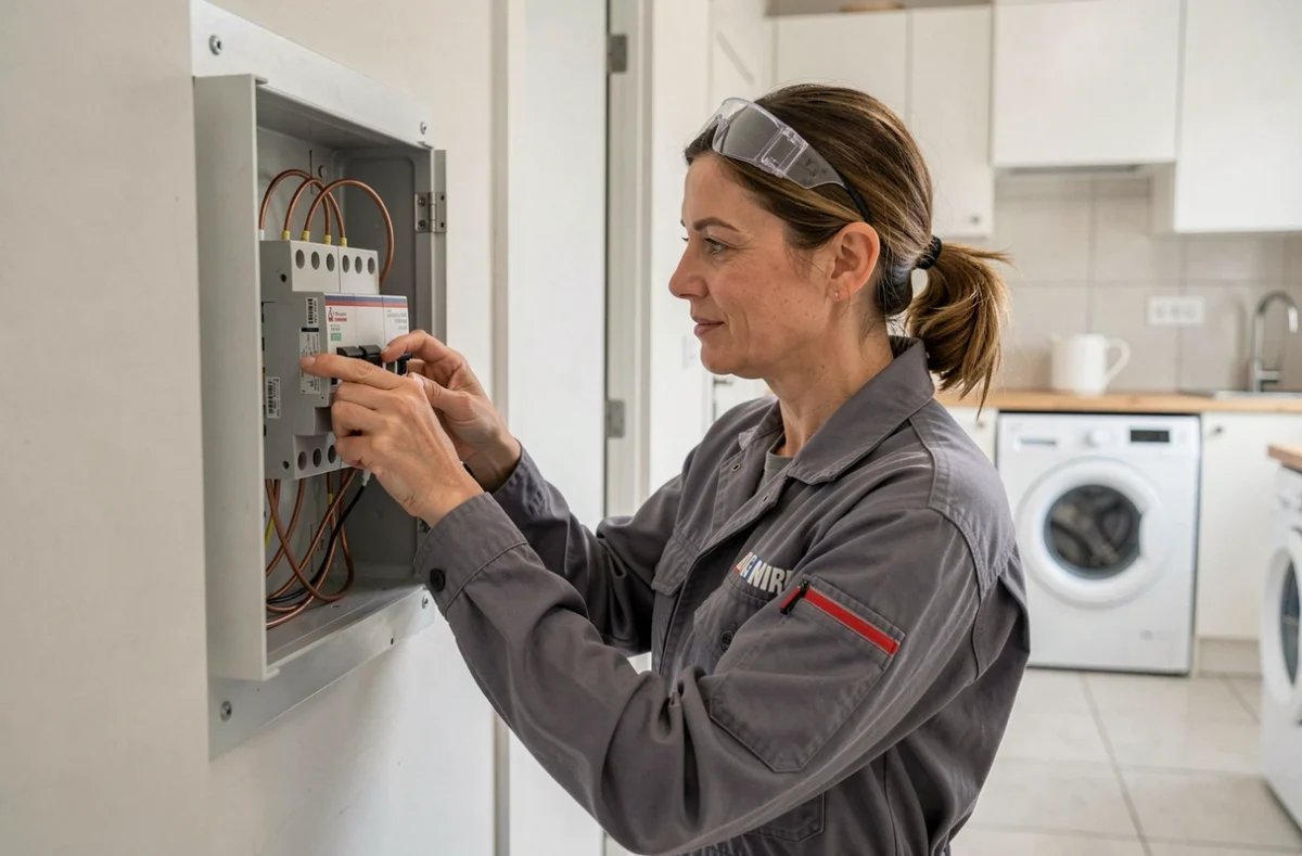Électricienne ACM travaillant sur un tableau électrique dans une maison à Élancourt
