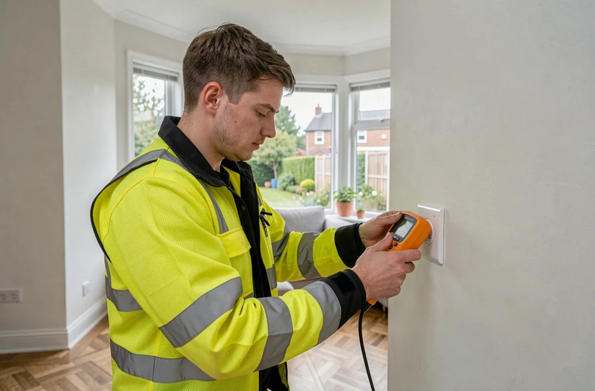 Électricien Activ'Elec testant une prise murale dans un appartement moderne des Yvelines