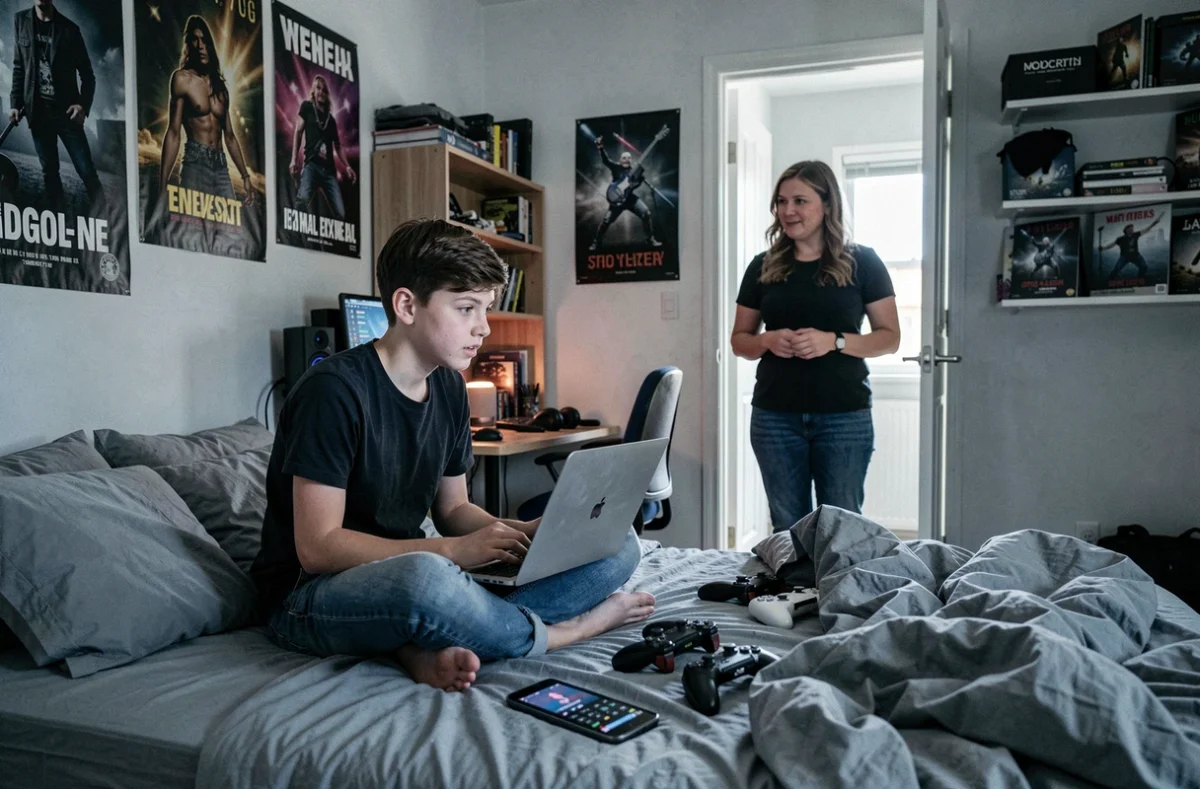 Adolescent sur son lit avec un ordinateur portable regardé par sa mère depuis l'entrée de sa chambre, illustrant un moment de connexion parentale autour des contenus numériques