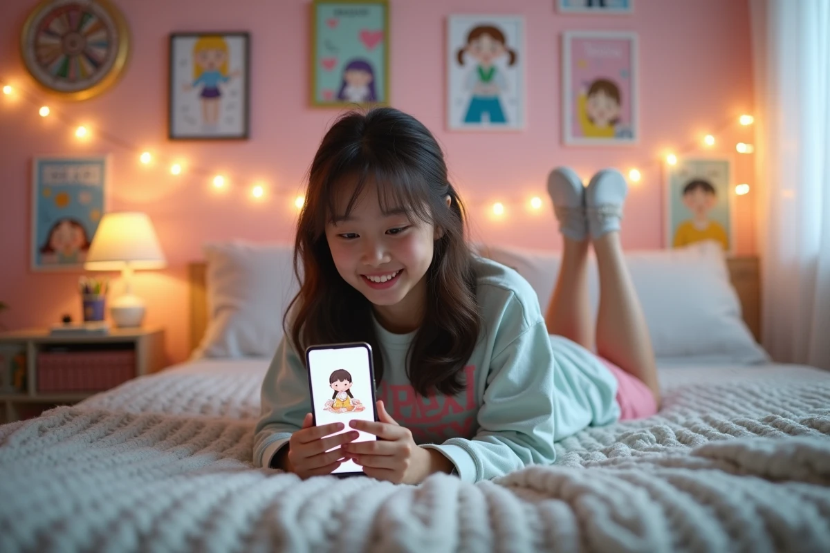 Adolescente allongée sur son lit lisant un webtoon sur smartphone dans une chambre décorée de posters d'illustration