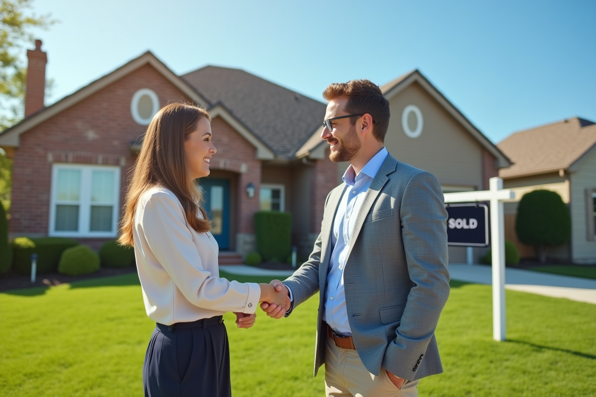 Agent immobilier serrant la main d un client devant une maison vendue