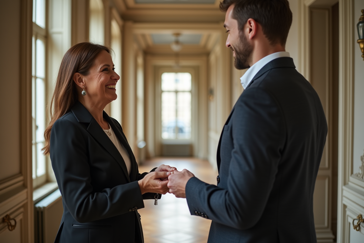 Agent immobilier souriante remettant des clés dans un couloir haussmannien