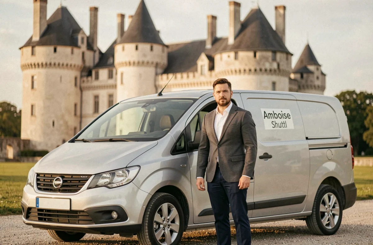Chauffeur VTC Alexis Drouillat devant son véhicule avec le Château d'Amboise en arrière-plan