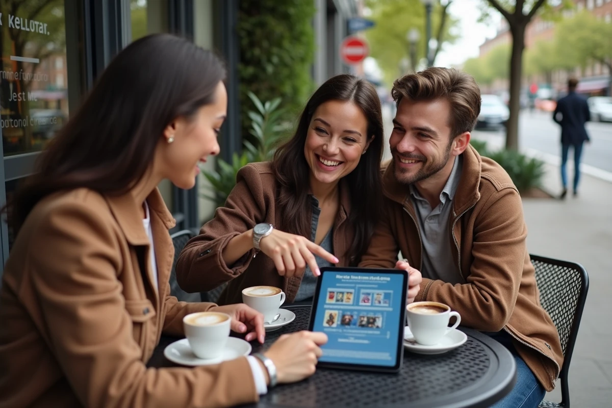 Trois amis discutent autour d un café avec une tablette Marvel