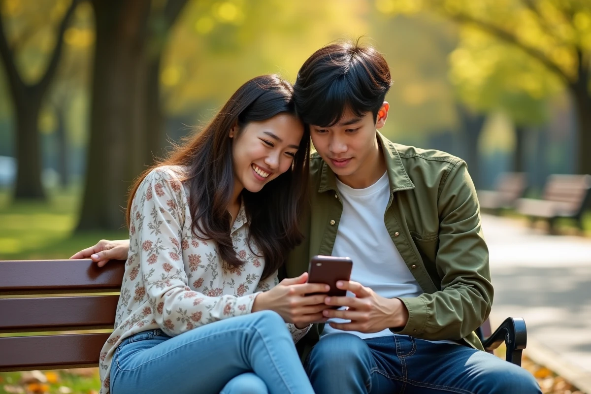 Deux amis lisant ensemble un scan de manga Just Friends en VF sur smartphone dans un parc, illustrant le partage de lecture numérique