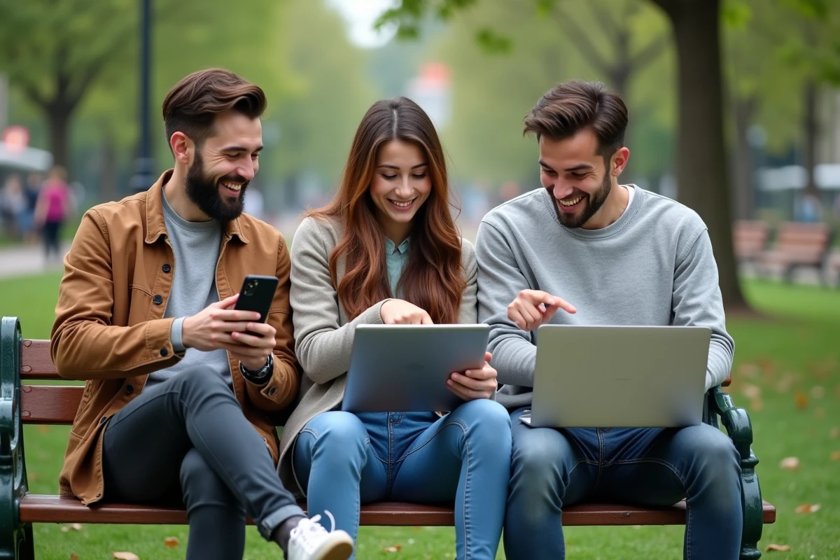 Trois amis utilisant différents appareils dans un parc urbain