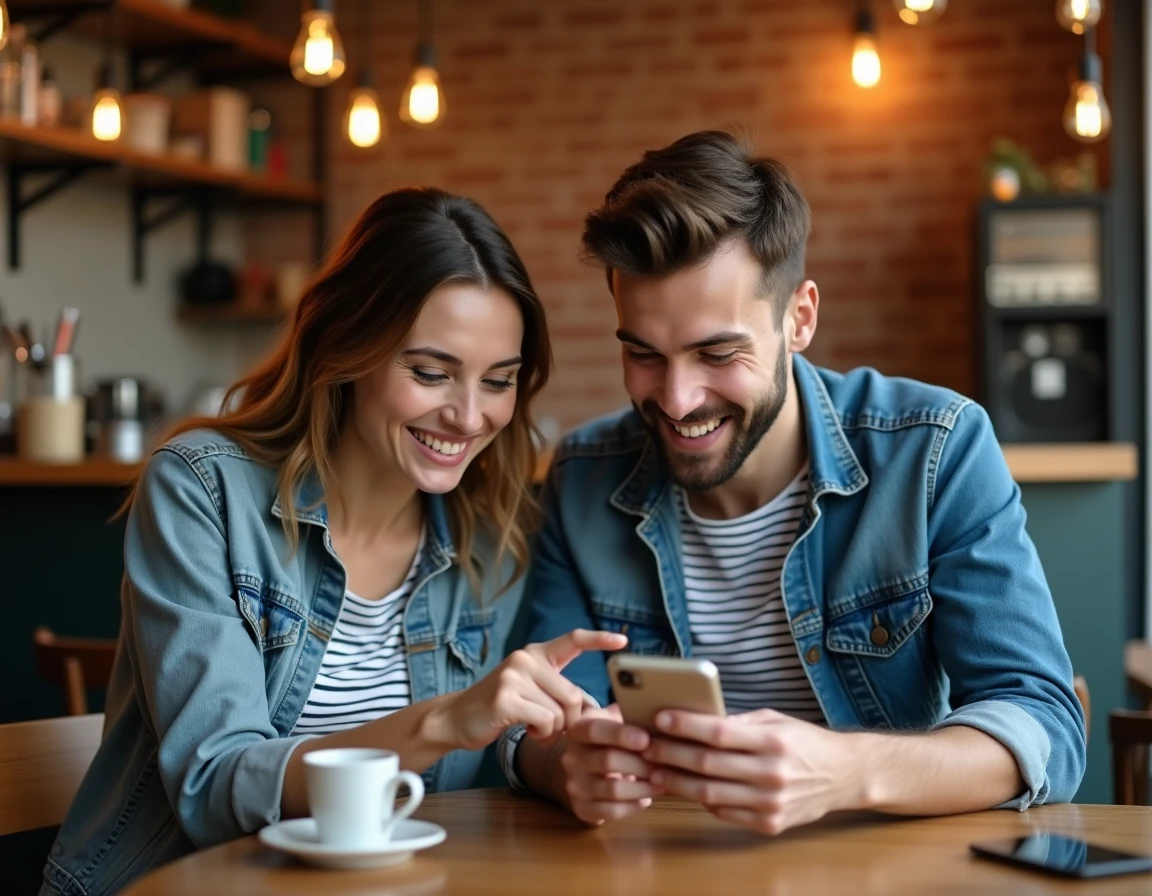 Deux amis découvrant ensemble les événements et bonus de dés gratuits sur Monopoly GO dans un café
