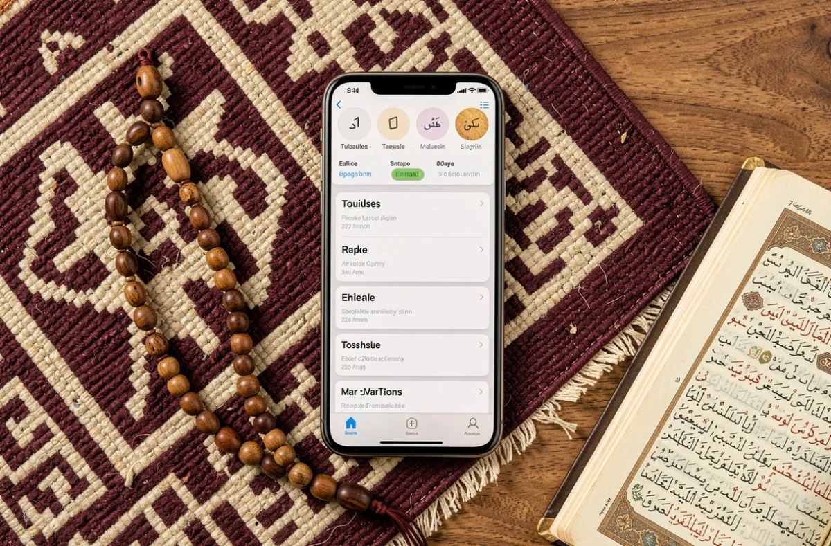 Téléphone affichant une application d'heure de prière pour Toulouse posé sur un tapis de prière avec chapelet et Coran