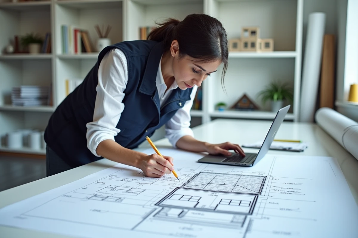 Architecte analysant un plan de toiture avec des annotations de pente en degrés et pourcentage