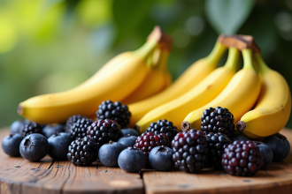 Assortiment de fruits frais better sur table en bois