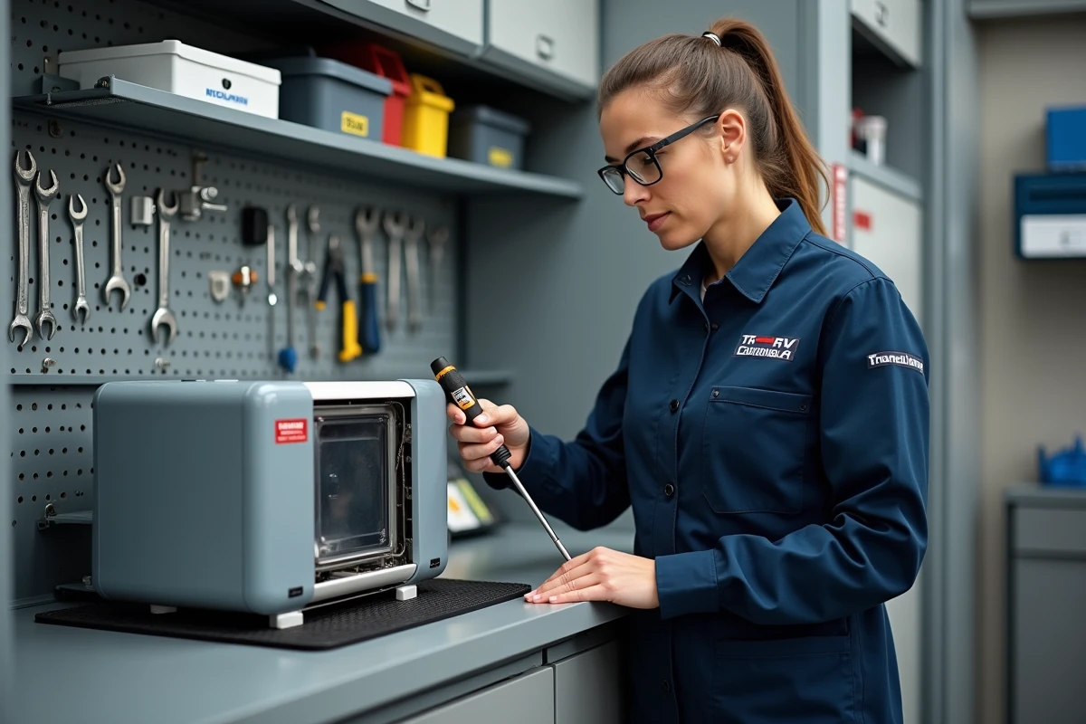 Technicienne en atelier spécialisé procédant au démontage du panneau avant d'un Truma Combi 4 pour diagnostic