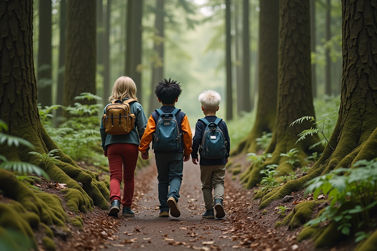 Trio marchant sur un sentier forestier avec feuillage