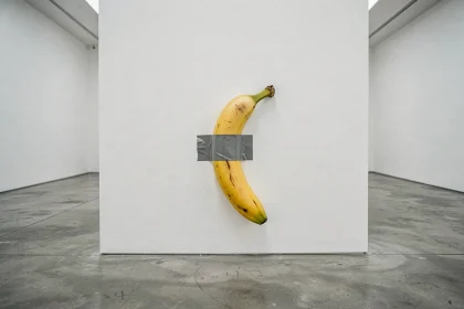 Une banane fixée avec du ruban adhésif gris sur un mur blanc de galerie d'art contemporain, évoquant l'œuvre Comedian de Maurizio Cattelan