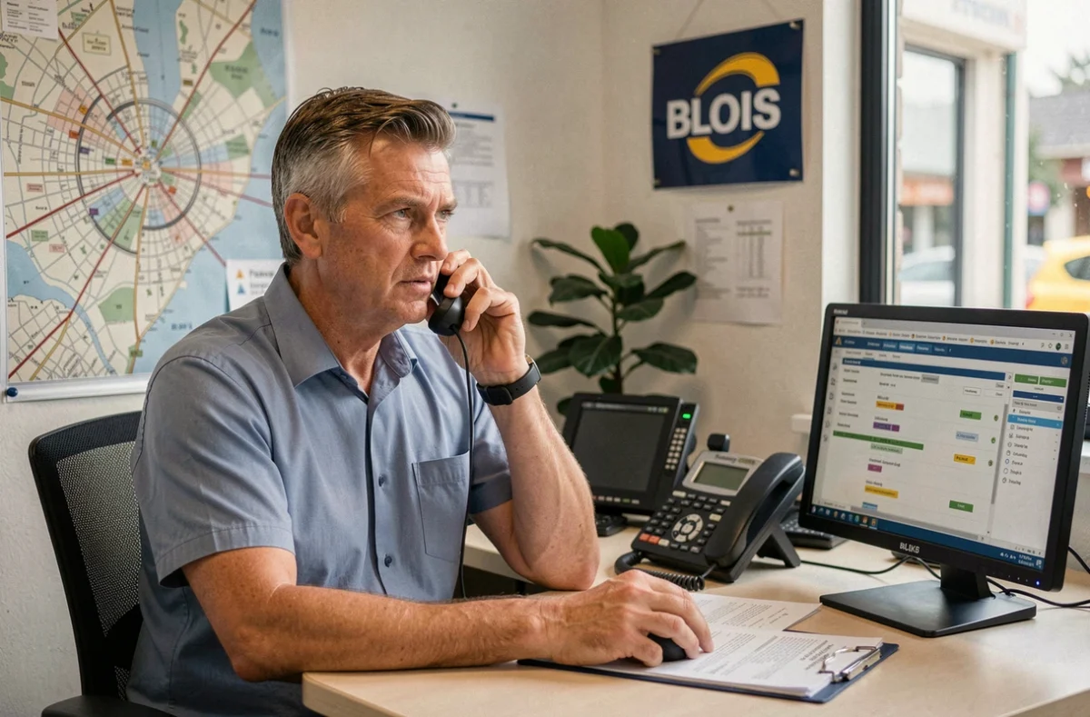 Opérateur radio du Blois Taxi Radio coordinant les courses depuis le bureau de dispatch