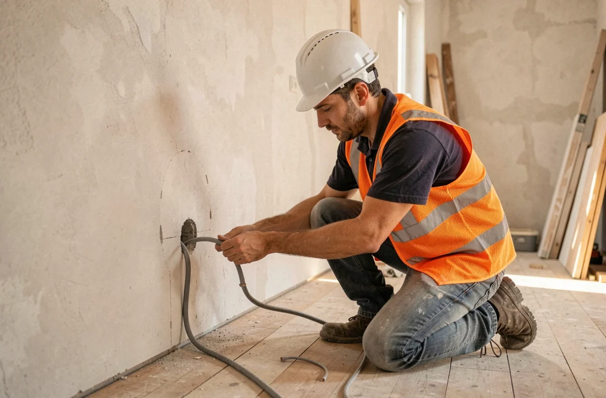 Électricien BMO SERVICE posant des conduits électriques lors d'une rénovation dans les Yvelines