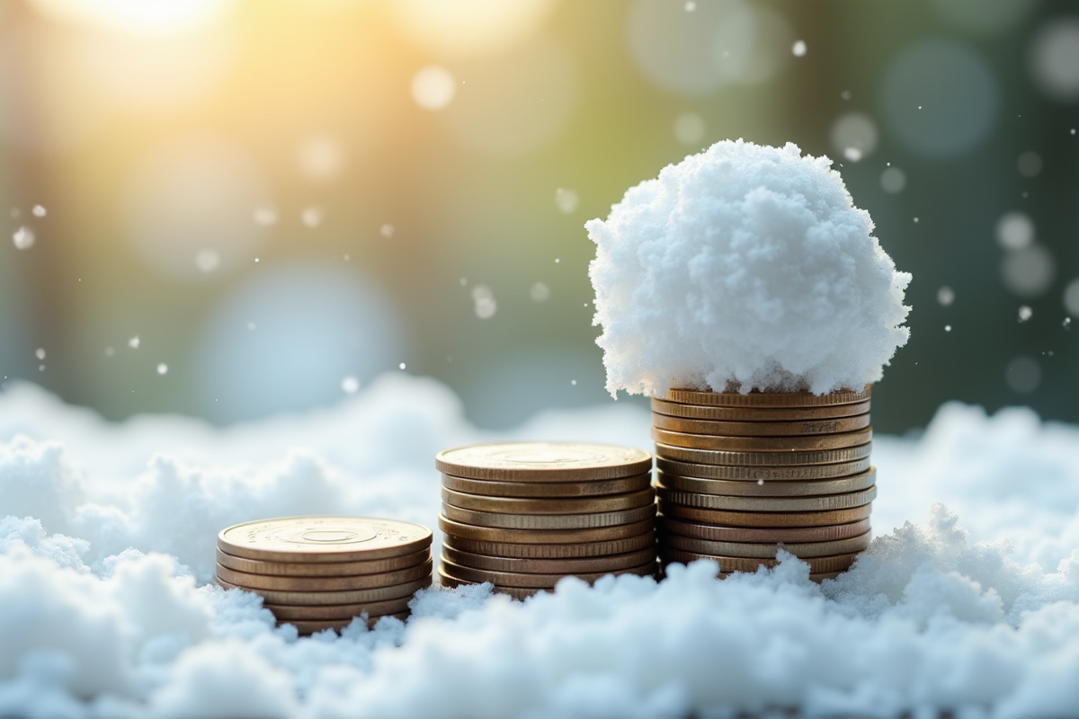 Boule de neige roulant sur des pièces de monnaie symbolisant l'effet boule de neige financier