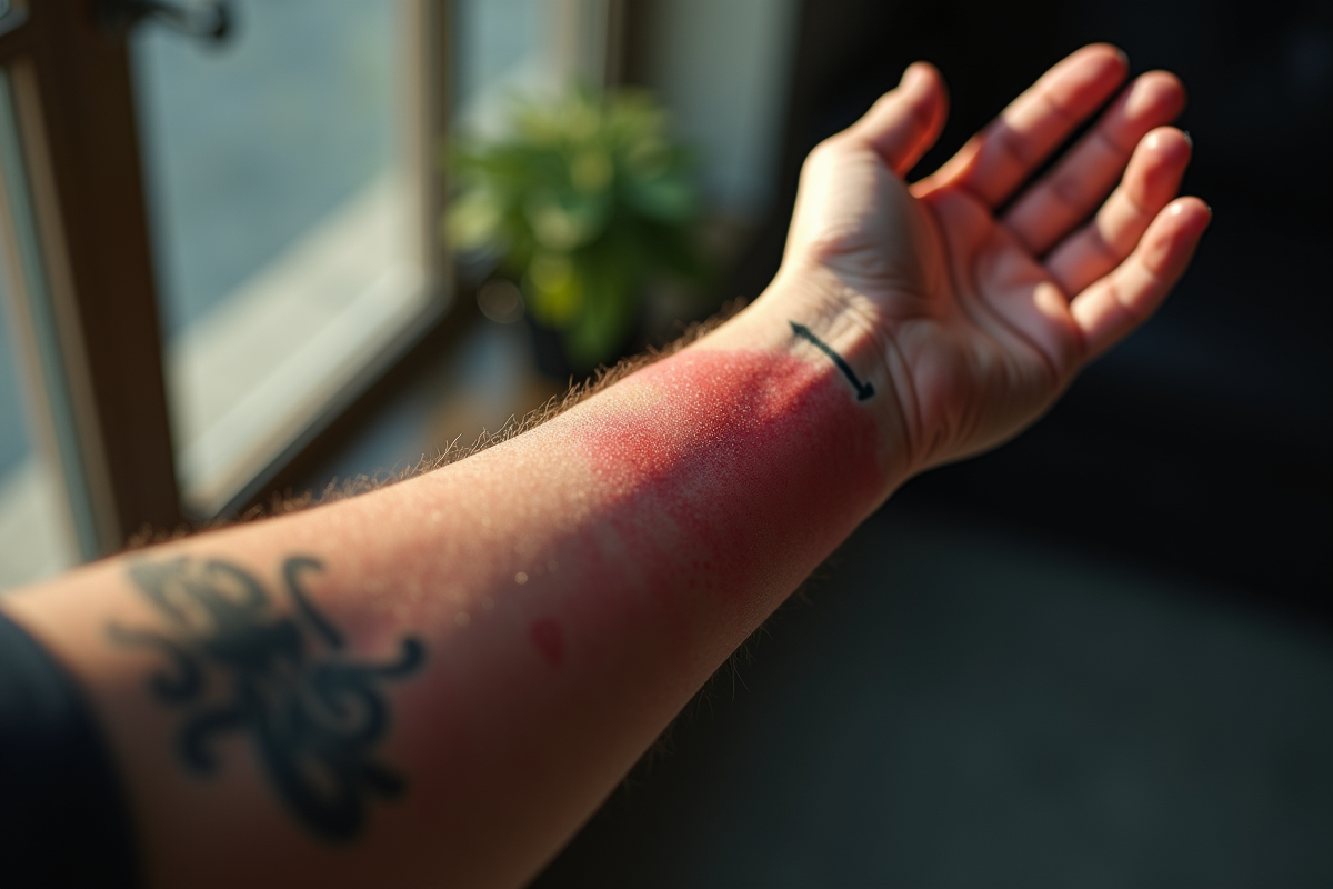 Bras avec tatouage frais et peau rouge