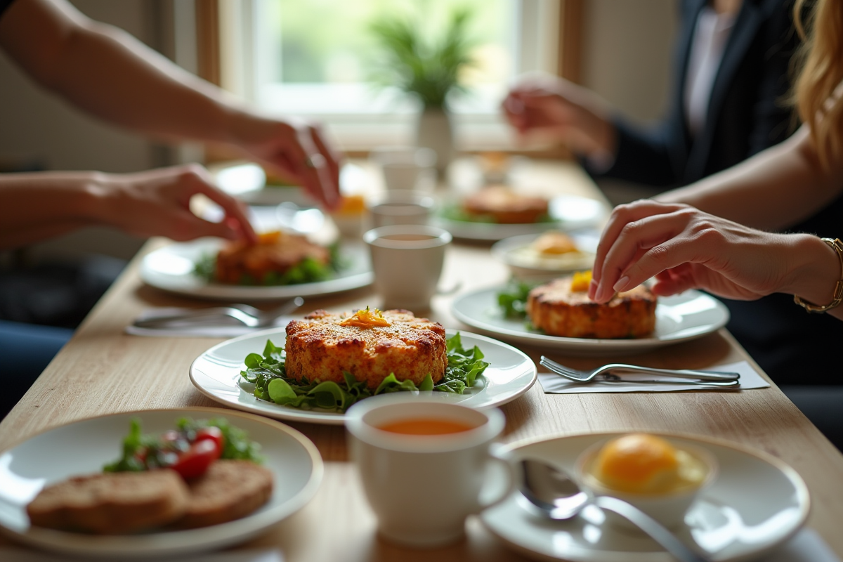 Brunch avec parts de gâteau au chorizo sur assiettes élégantes