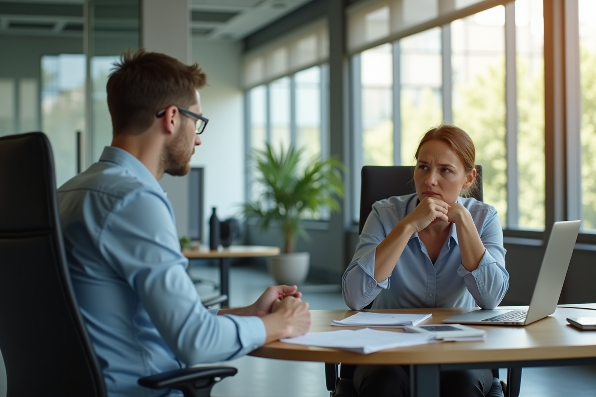 Employé stressé au bureau lors d'une discussion