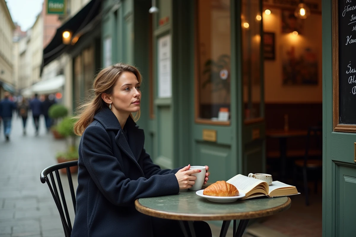 Femme attablée en terrasse d'un café indépendant près de la Rue d'Angleterre à Lille, ambiance cosy et authentique