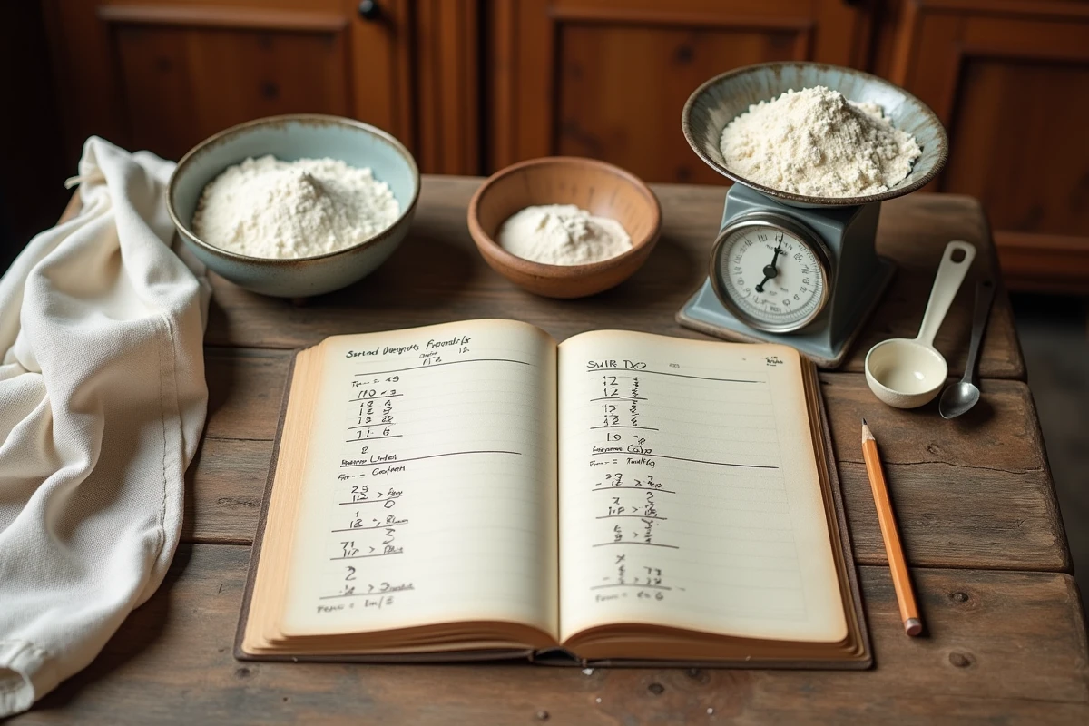 Carnet de recettes ouvert sur un tableau de conversion tonnes en kilogrammes posé sur une table de cuisine en bois avec une balance vintage