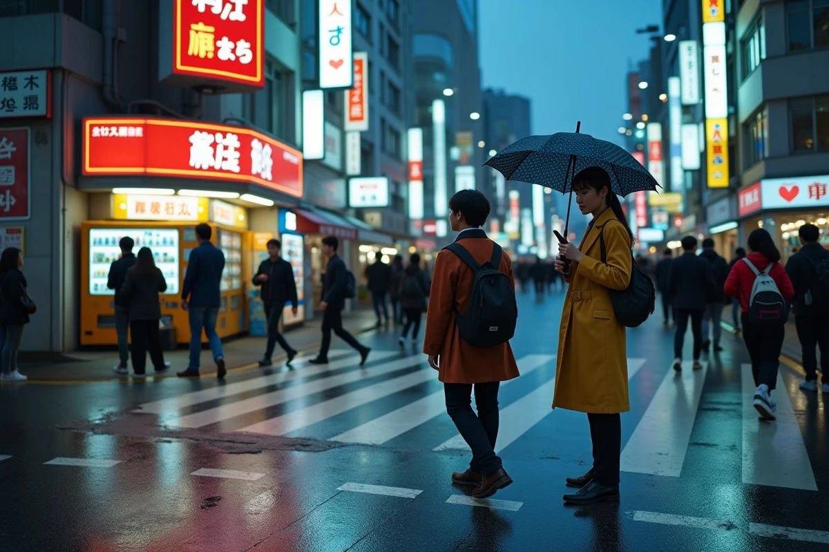 Carrefour animé de Tokyo au crépuscule avec néons japonais et passants sous la pluie, exploration des villes du Japon en 5 lettres