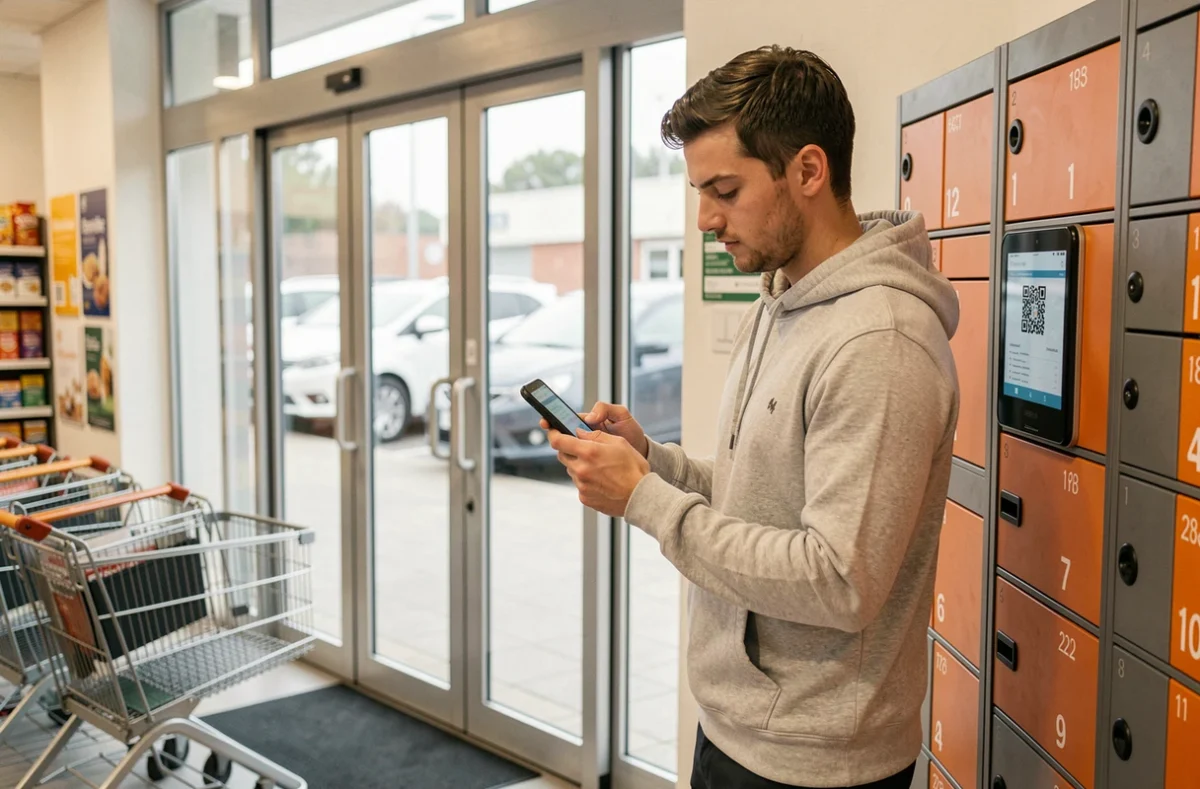 Client récupérant un colis dans les casiers relais colis d'un supermarché SP à Châtillon