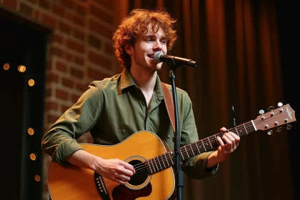 Chanteur anglais roux jouant de la guitare acoustique sur scène dans un petit club de musique