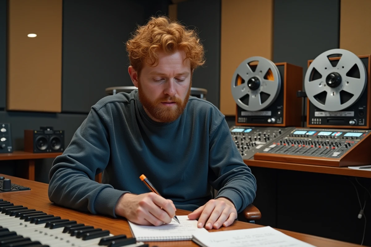 Musicien roux en studio d'enregistrement consultant des paroles manuscrites devant une console de mixage