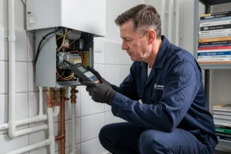 Chauffagiste professionnel inspectant une chaudière à gaz dans un appartement des Hauts-de-Seine