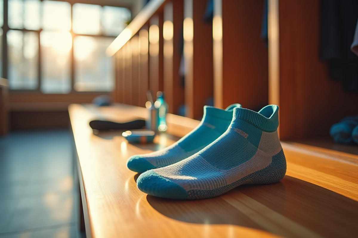Chaussettes Kiprun posées sur un banc dans une salle de sport lumineuse