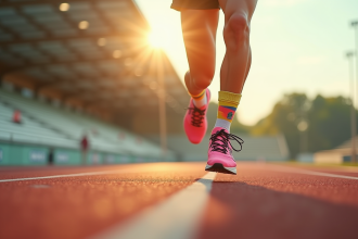 Détail de chaussures de course avec chaussettes Kiprun en action