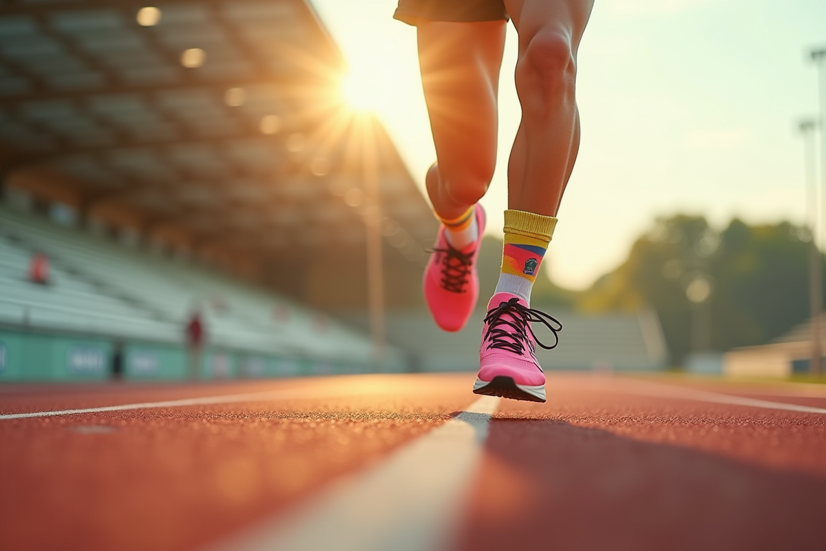 Détail de chaussures de course avec chaussettes Kiprun en action