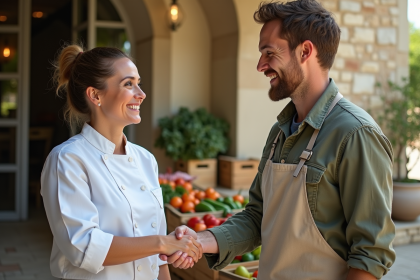 Chef femme et fermier main dans la main en Provence