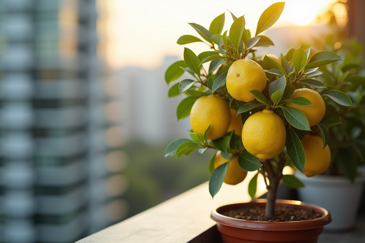 Citronnier en pot sur un balcon moderne au matin