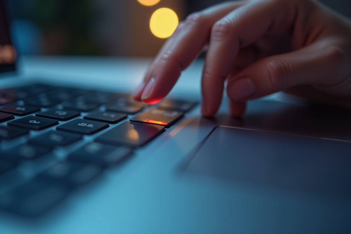 Clavier de laptop avec doigt sur touche Bluetooth en gros plan