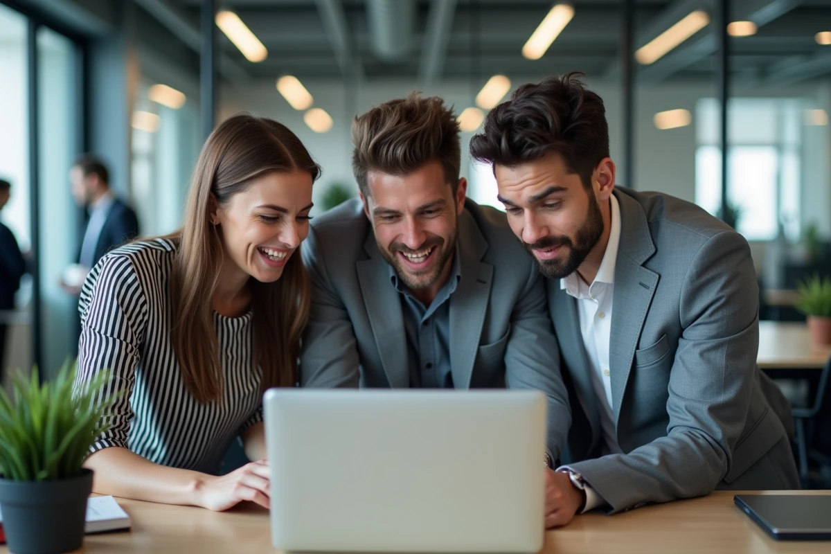 Groupe de collègues réunis autour d'un ordinateur portable pour partager les buzz du moment au bureau