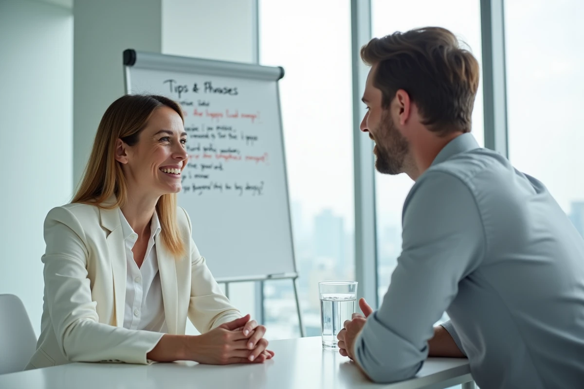 Deux collègues francophones pratiquant des expressions et conseils en anglais lors d'une réunion professionnelle dans un bureau moderne