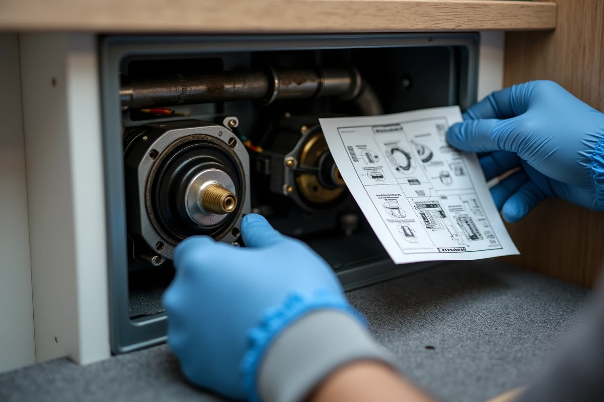 Détail des composants internes d'un Truma Combi 4 ouvert montrant le brûleur et l'électrode d'allumage usés
