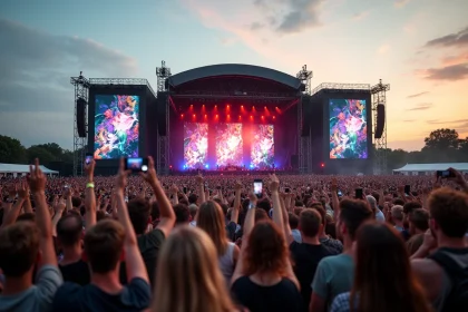 Vue aérienne d'un grand concert en plein air à Lyon avec une foule immense devant une scène internationale illuminée