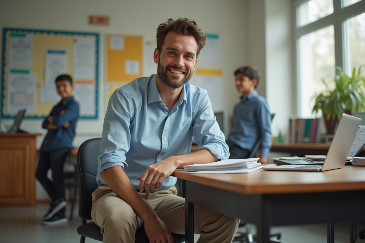 Conseiller scolaire souriant dans son bureau accueillant