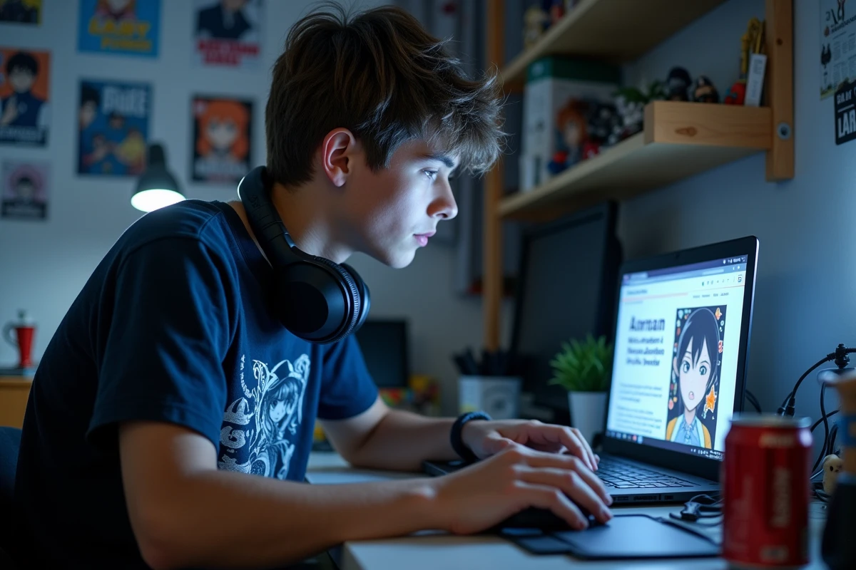 Adolescent consultant un site de scan manga en français sur son ordinateur portable dans sa chambre