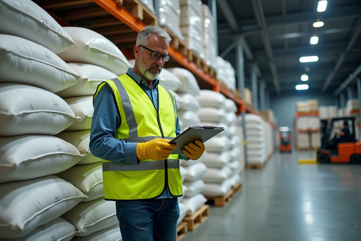 Ouvrier d'entrepôt notant des conversions de poids en tonnes et kilogrammes sur des sacs de farine industriels