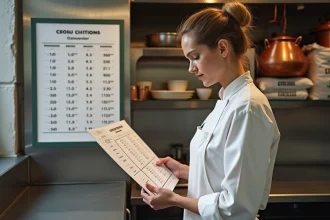 Cheffe cuisinière lisant un tableau de conversion tonnes en kilogrammes dans une cuisine professionnelle en inox