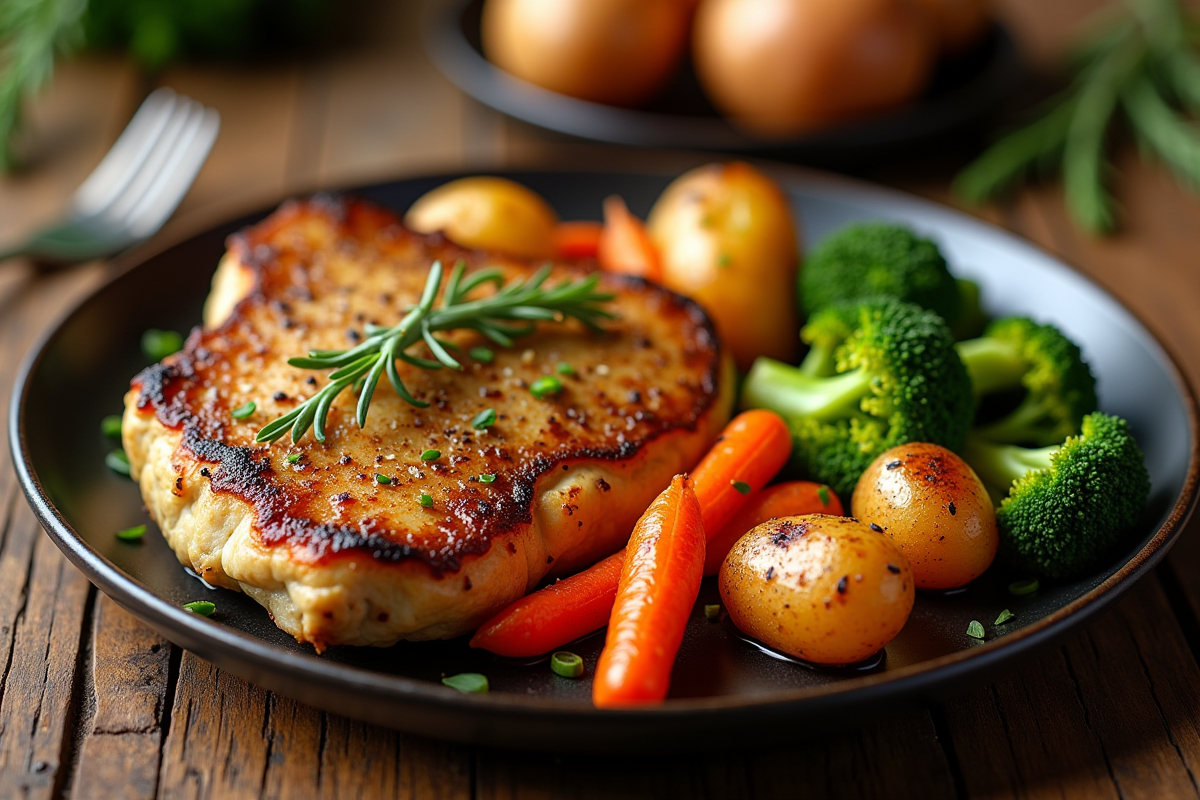 Cordon bleu avec légumes vapeur sur une table en bois rustique