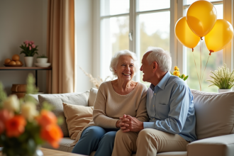 Couple d'anciens souriants dans un salon lumineux pour leur anniversaire