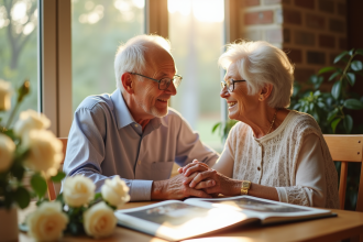 Couple âgé souriant avec alliance dans un décor lumineux