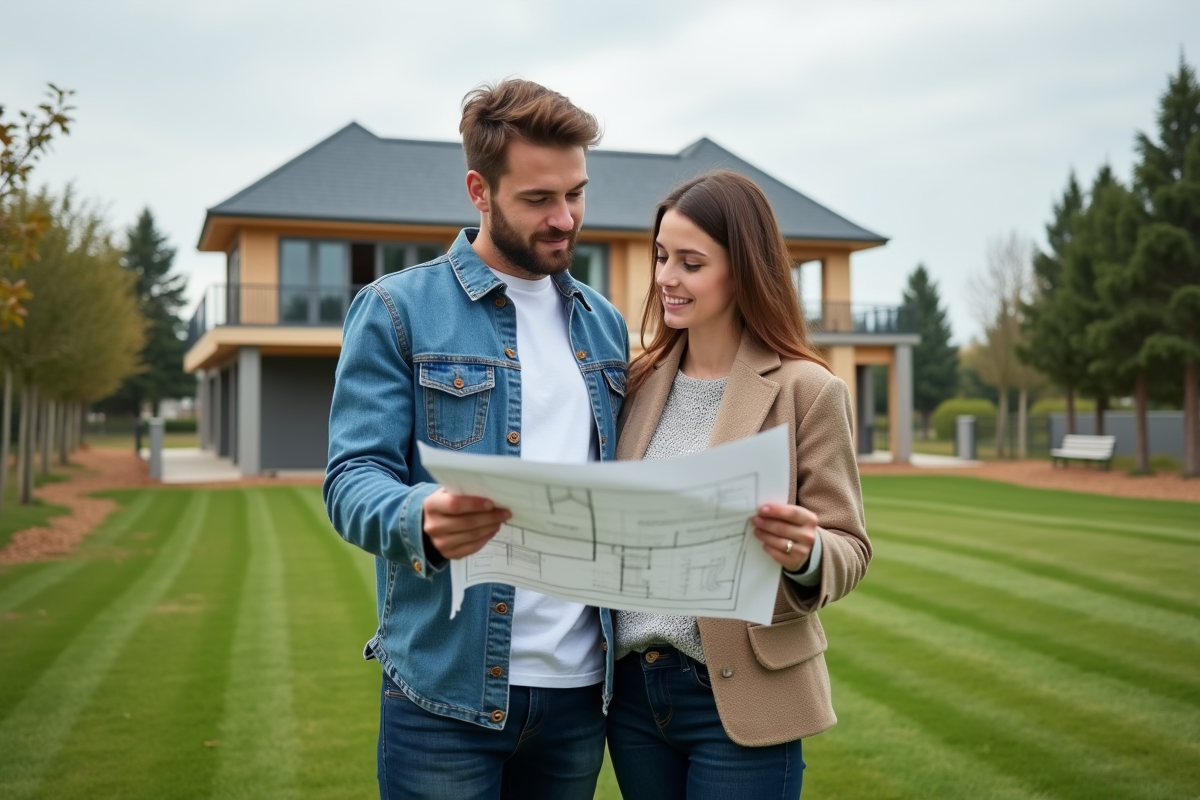Jeune couple avec plans devant maison en construction